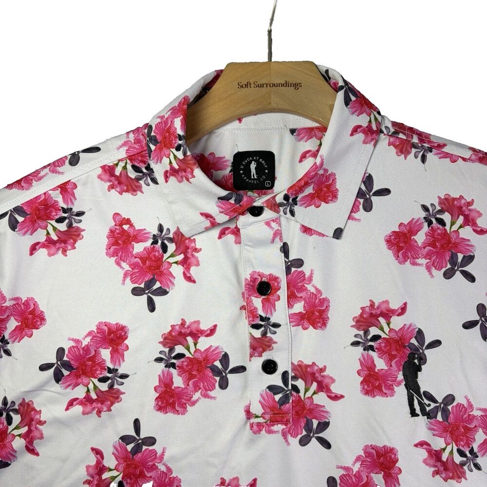 U Suck at Golf USAG Polo Shirt Mens Large Floral Short Sleeve Golf Hawaiian Work